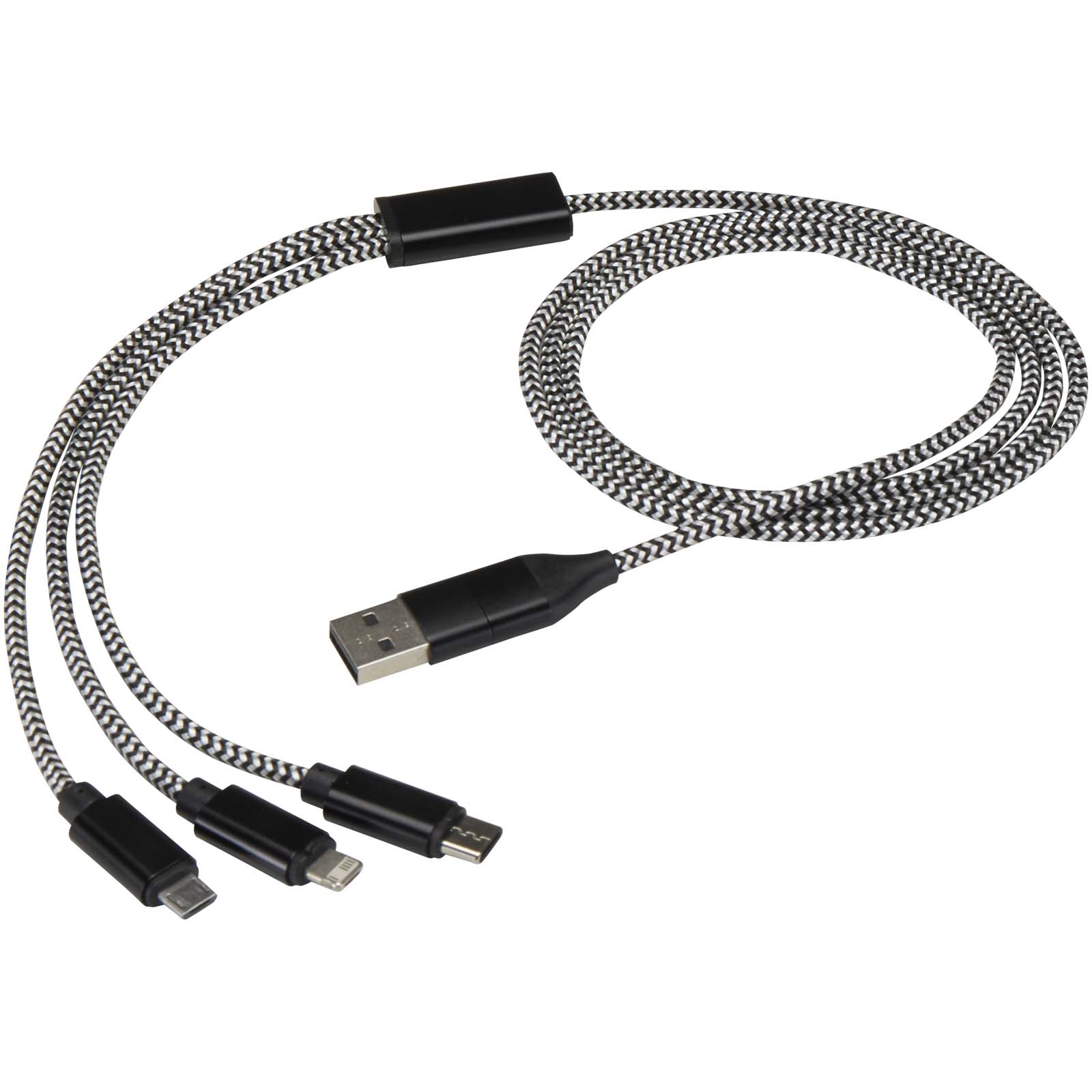 Câble de recharge 5-en-1 Alphecca en aluminium recyclé et RPET Câble de recharge 5-en-1 Alphecca en aluminium recyclé et RPET – vue 2