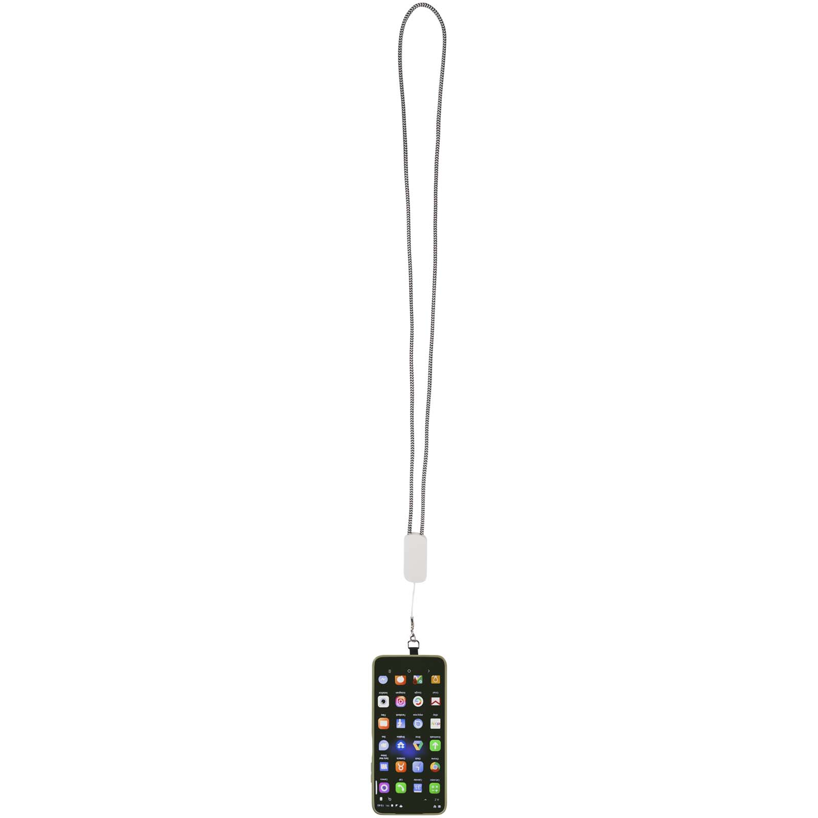 Tour de cou pour smartphone Anser en plastique recyclé avec câble intégré 5 en 1 de 27 W Tour de cou pour smartphone Anser en plastique recyclé avec câble intégré 5 en 1 de 27 W – vue 2