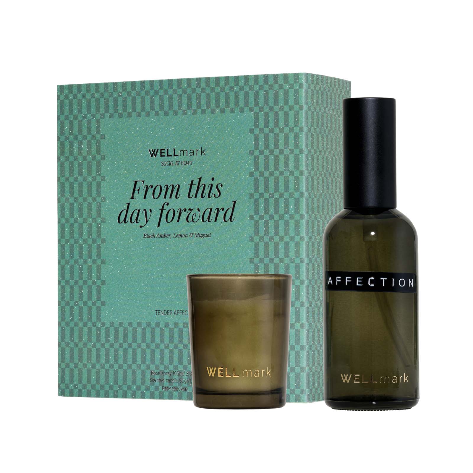 Coffret cadeau Wellmark comprenant un vaporisateur d’ambiance de 100 ml et une bougie Tender Affection de 70 ml Coffret cadeau Wellmark comprenant un vaporisateur d’ambiance de 100 ml et une bougie Tender Affection de 70 ml