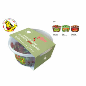 Boîtes rondes HARIBO avec banderole en carton, 150 pièces