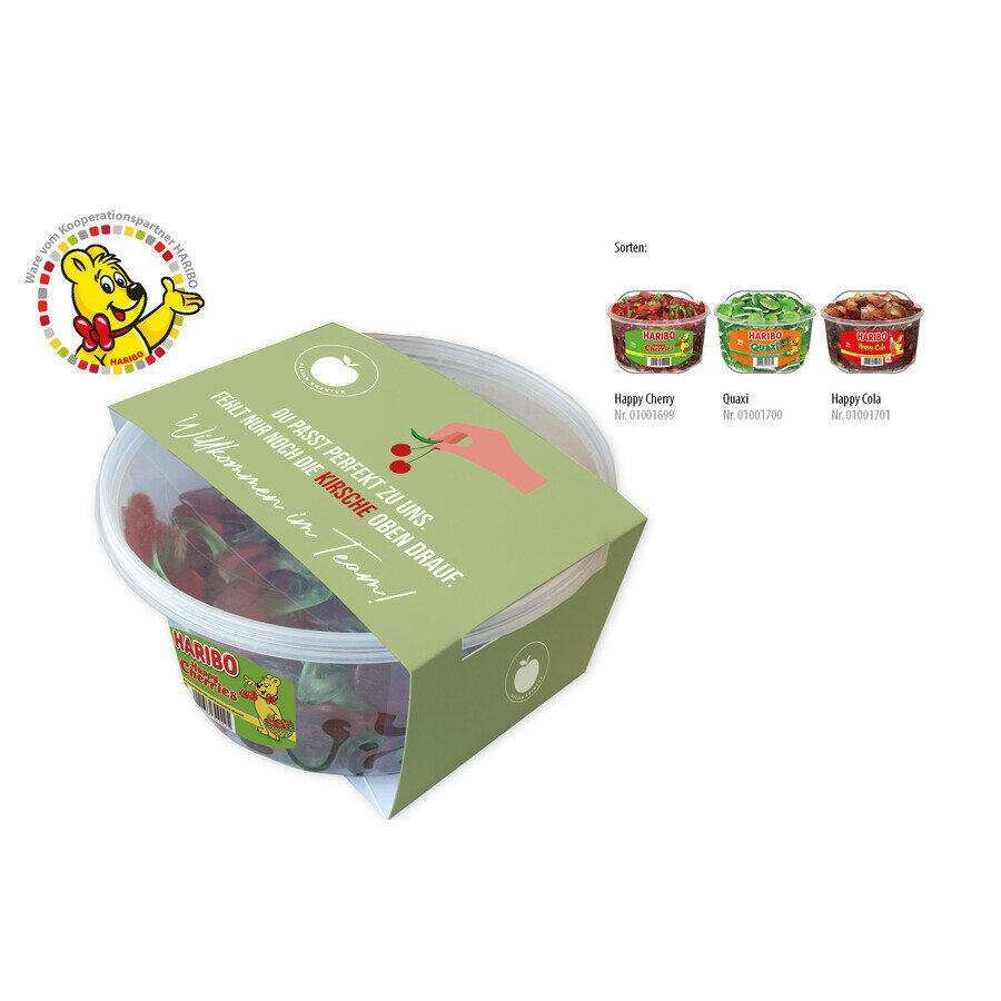 Boîtes rondes HARIBO avec banderole en carton, 150 pièces Boîtes rondes HARIBO avec banderole en carton, 150 pièces