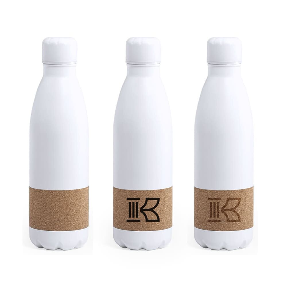 Bouteille métal blanc 750ml avec une bande en liège REVA. Bouteille métal blanc 750ml avec une bande en liège REVA.