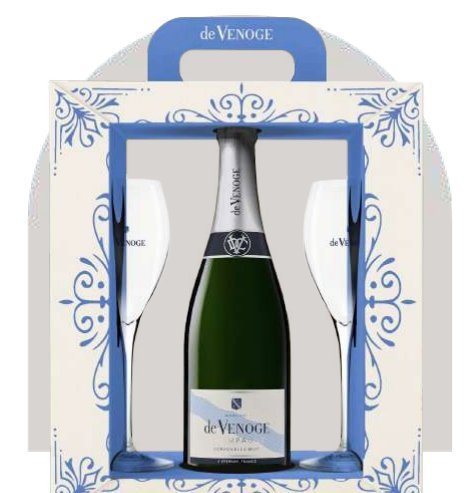 Champagne De Venoge Cordon Bleu Brut en coffret avec 2 flûtes Champagne De Venoge Cordon Bleu Brut en coffret avec 2 flûtes