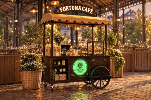 Illustration : le stand Fortuna-Café en soirée sous une halle éclairée, avec un gobelet de café fumant posé sur le comptoir