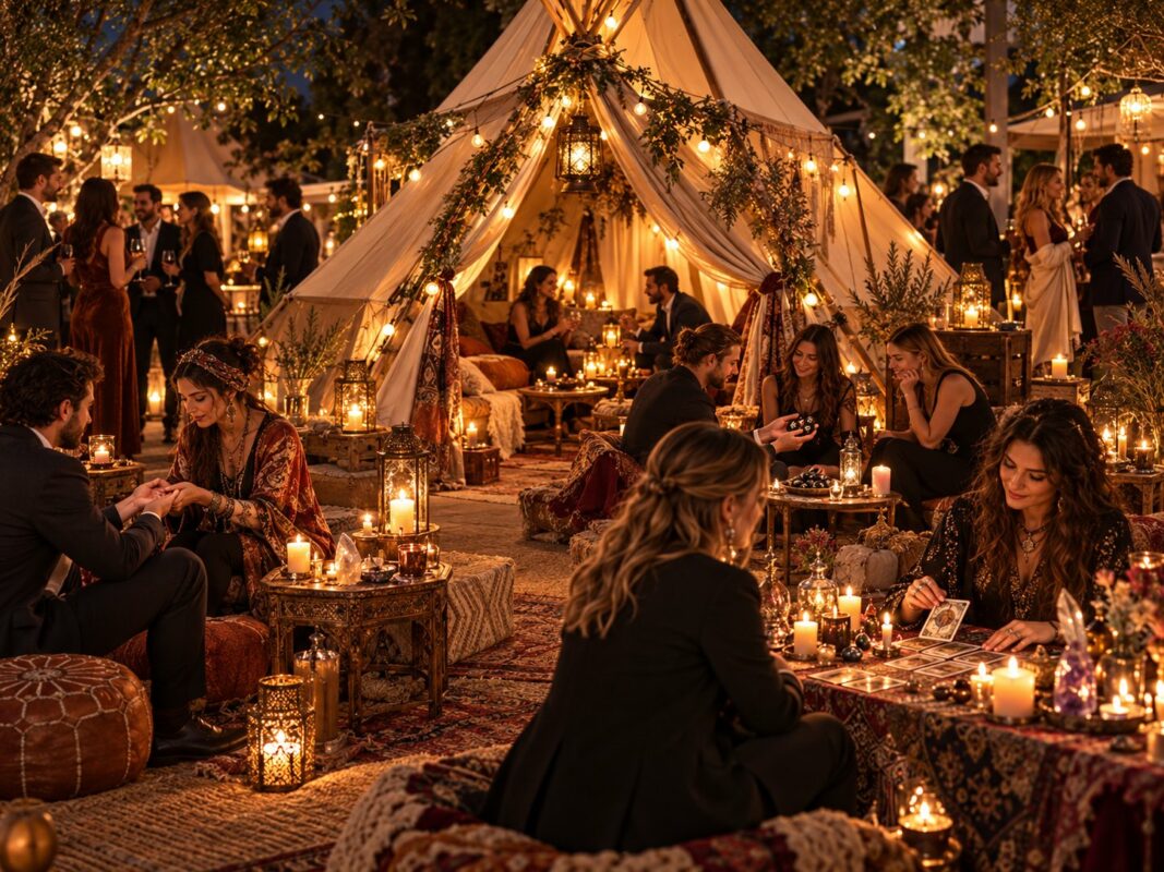 Village Esoteria de nuit : grande tente boho éclairée de lanternes, invités en tenue de soirée consultant cartomanciennes et chiromanciennes sur tapis et poufs