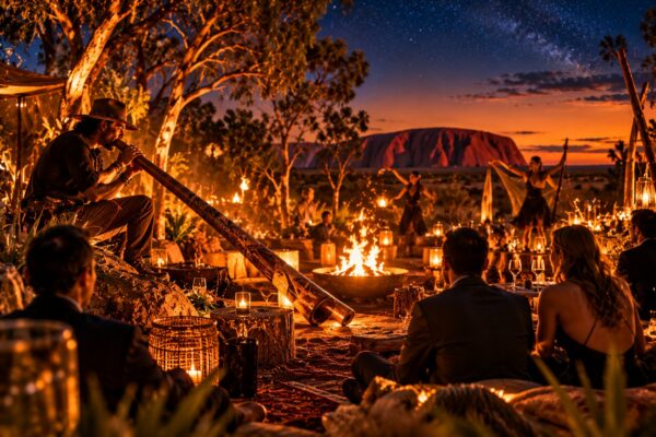 Soirée au coucher du soleil devant Uluru : joueur de didgeridoo, danseuses autour du feu et convives sous les étoiles