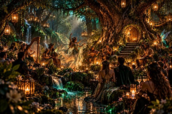 Soirée féerique en forêt enchantée : fée danseuse, satyres musiciens, harpe et convives au bord d'un ruisseau