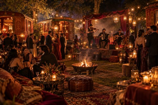 Soirée Indalo Night : camp bohème tzigane, roulottes, musiciens et feu de camp