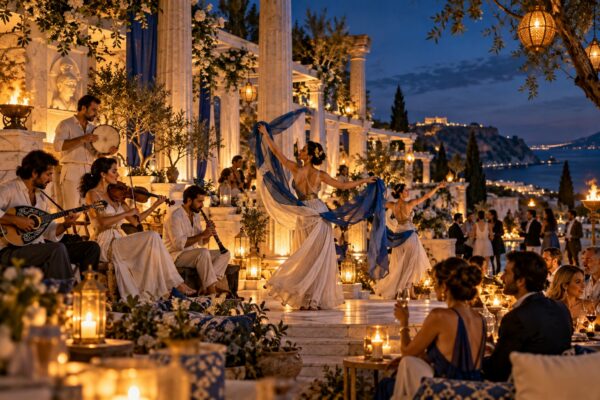 Soirée Kalinikta : danseuses et musiciens sur une terrasse grecque antique