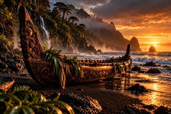 Waka maori sculpté échoué sur une plage de sable noir, cascade et falaises au coucher du soleil
