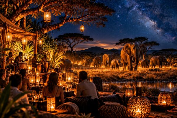 Soirée sous les étoiles face à une harde d'éléphants, percussions africaines, lanternes et voie lactée
