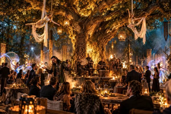 Soirée Ygg'Sperience : arbre sacré nordique, musiciens et acrobates aériennes
