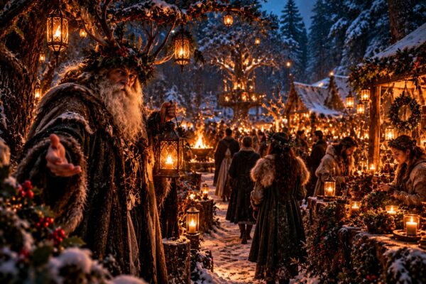 Fête de Yule dans une forêt enneigée : vieil homme couronné de houx tenant une lanterne, marché aux bougies et feu de solstice