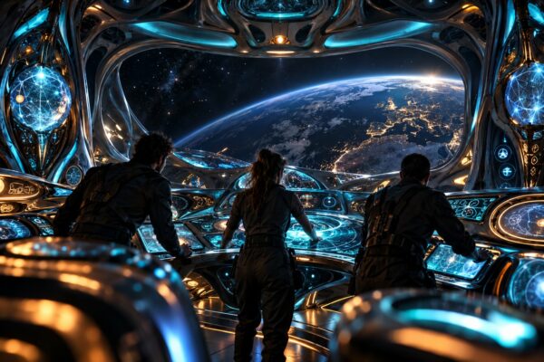 Équipage aux commandes d'un vaisseau extraterrestre, la Terre illuminée derrière la grande baie