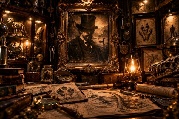 Cabinet de cryptozoologue : portrait d'un explorateur, monstre du Loch Ness, empreintes et squelettes de créatures légendaires