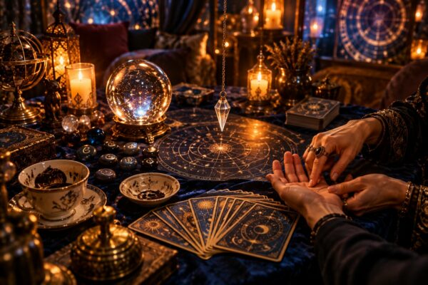 Table de voyance éclairée à la bougie : boule de cristal, pendule, cartes de tarot, runes, carte du ciel et lecture des lignes de la main