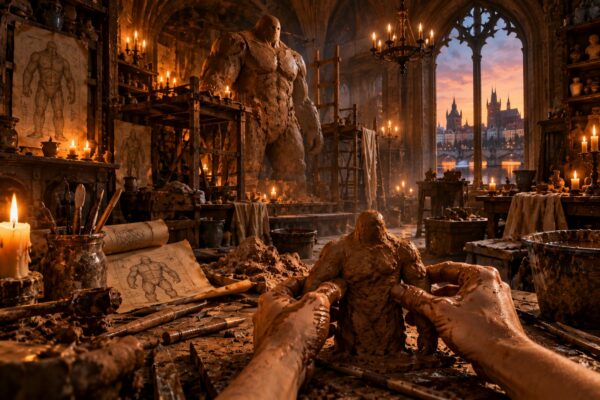 Mains modelant un petit golem d'argile dans un atelier gothique, la statue géante et Prague au crépuscule en arrière-plan