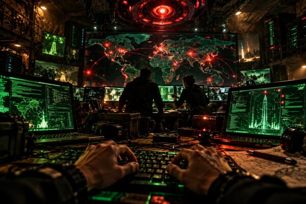 Hackers dans un bunker devant une carte du monde aux cibles rouges, écrans verts et compte à rebours
