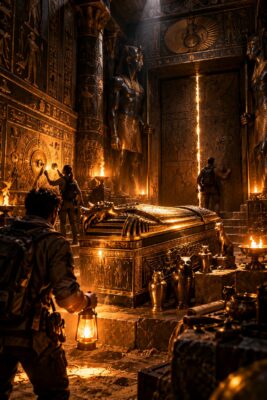 Explorateurs à la lanterne dans une chambre funéraire égyptienne, devant un sarcophage doré et une porte gravée de hiéroglyphes