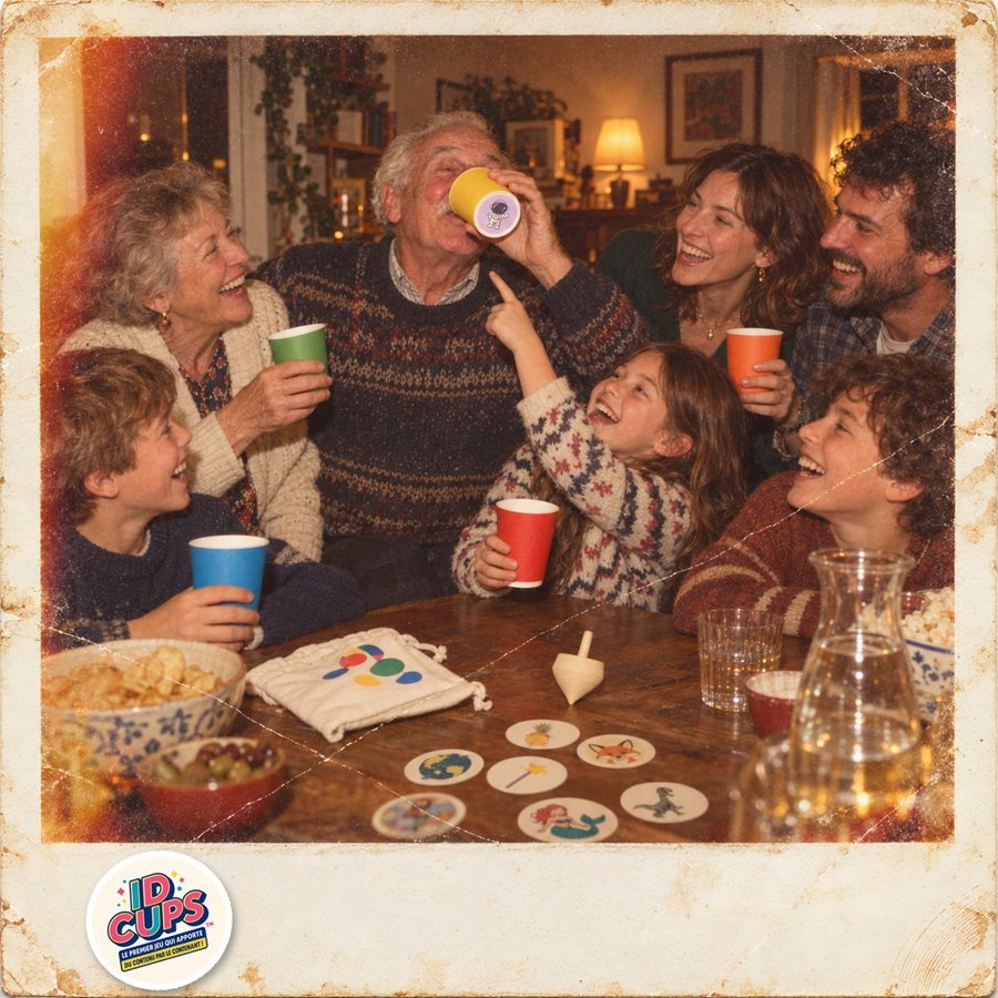 Partie ID CUPS en famille : le grand-père boit, l’astronaute est visible sous son gobelet