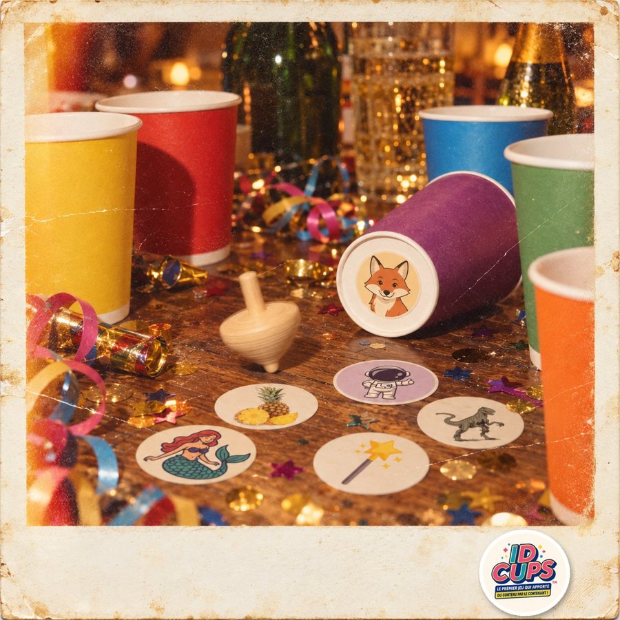 Gobelets colorés, toupie en bois et stickers ID CUPS sur une table de fête