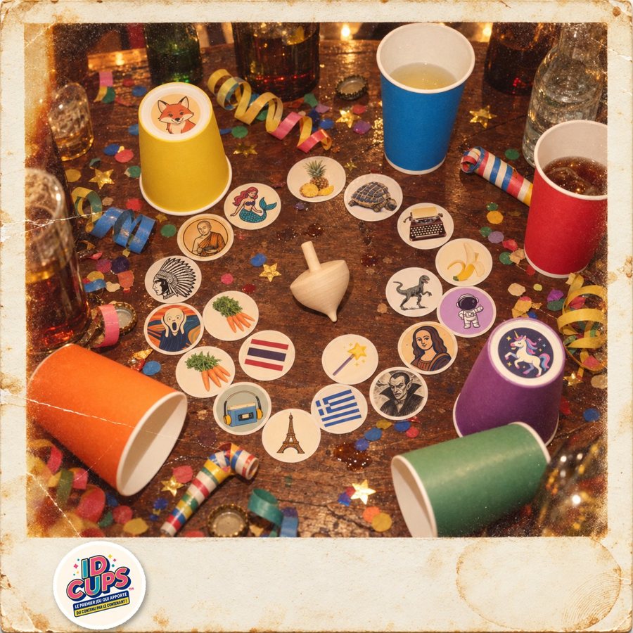 Les stickers ID CUPS disposés autour de la toupie, gobelets colorés et confettis