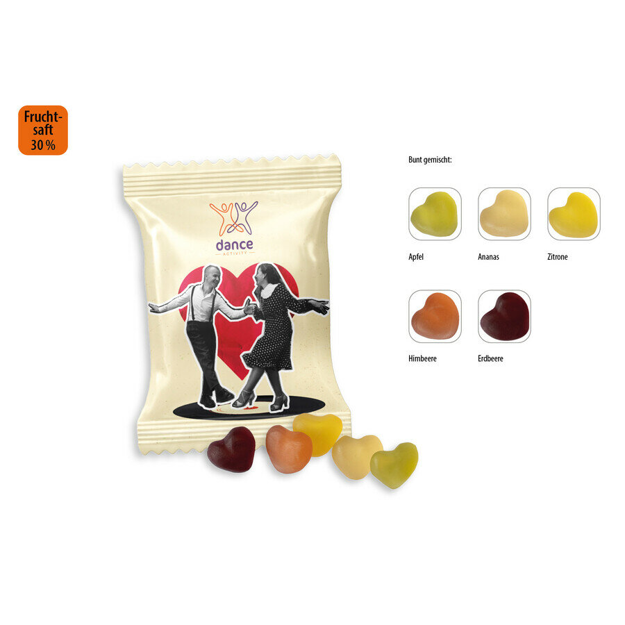 Mini Cœur au jus de fruits en sachet publicitaire, 10 g Mini Cœur au jus de fruits en sachet publicitaire, 10 g