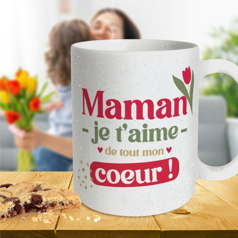 Mug Paillettes Maman Je t'aime de tout mon Coeur Mug Paillettes Maman Je t'aime de tout mon Coeur